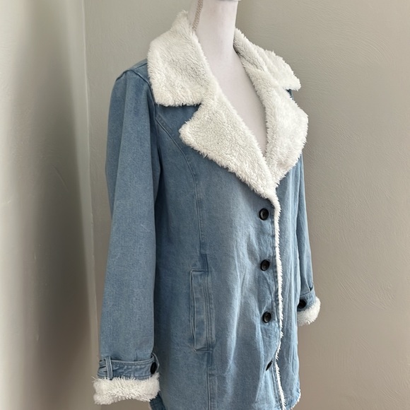 Faux Sherling Lined Denim Long Coat - Picture 4 of 9